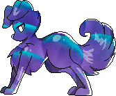 A purple pixel dog with light blue stripes. It is very shiny.