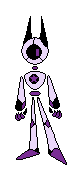 An off white robot. The different limbs are separate floating pieces. The head is a sphere with two long triangle 'ears' and a single large eye which is black with a purple pupil. There is a black circle with a purple star on its chest. The feet and fingers are black and purple.