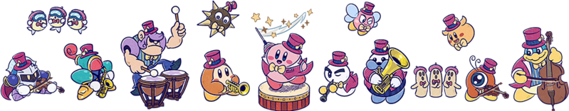 The cast of Kirby play orchestral instruments with Kirby as the conductor.
